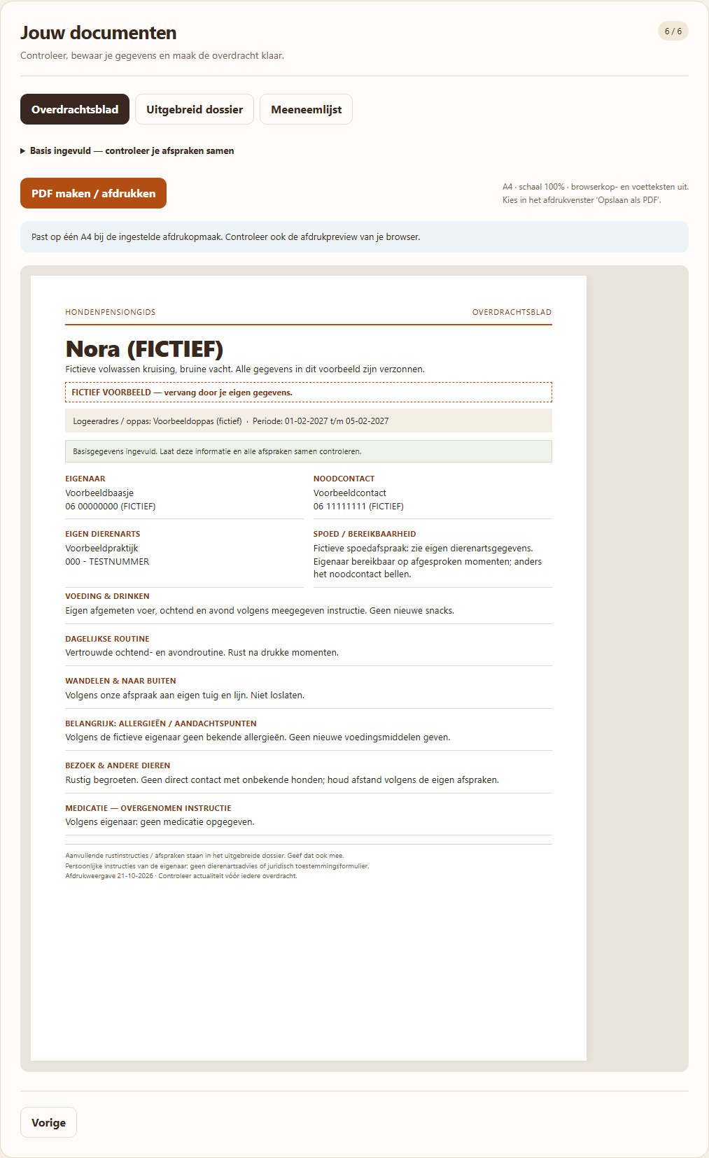 Scherm van de invulhulp met een ingevuld overdrachtsblad voor een fictieve hond: eigenaar, noodcontact, dierenarts, voeding, dagritme, wandelen en medicatie